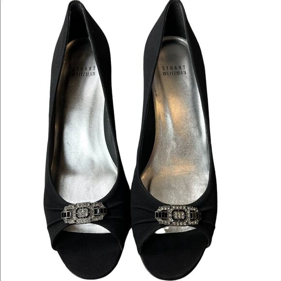 Black Stuart Weitzman Peep Toe Pump w/Crystal Embellishments Great Condition - Picture 11 of 15